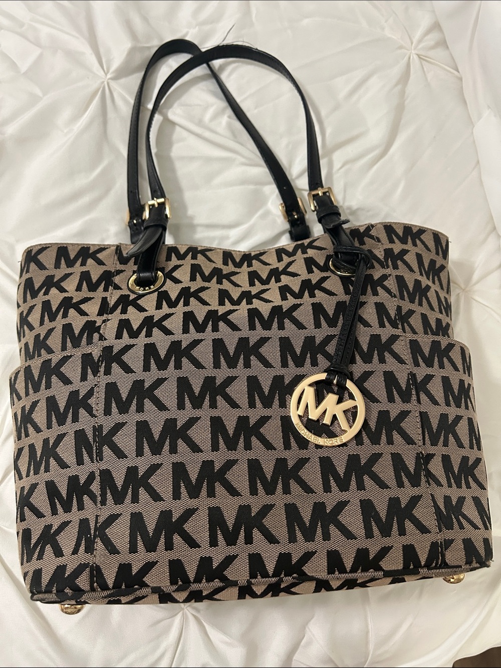 Michael Kors Black & Brown MK Logo Tote with Gold Charm
